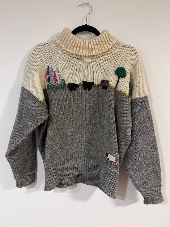 Handmade Sweaters - Cream and Gray Turtleneck Sweater with Embroidered Farm Motif